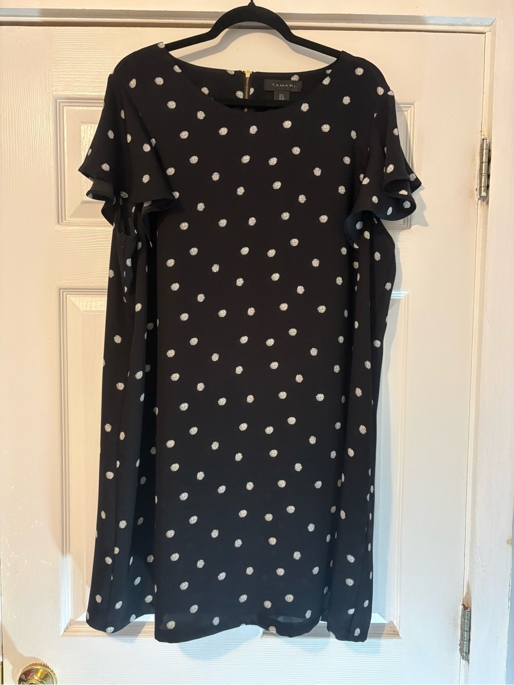 Tahari Black Dress with White Polka Dots and Flutter Sleeves